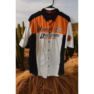 Harley-Davidson Men’s XL Button Up Shirt Black Orange White Motorcycle